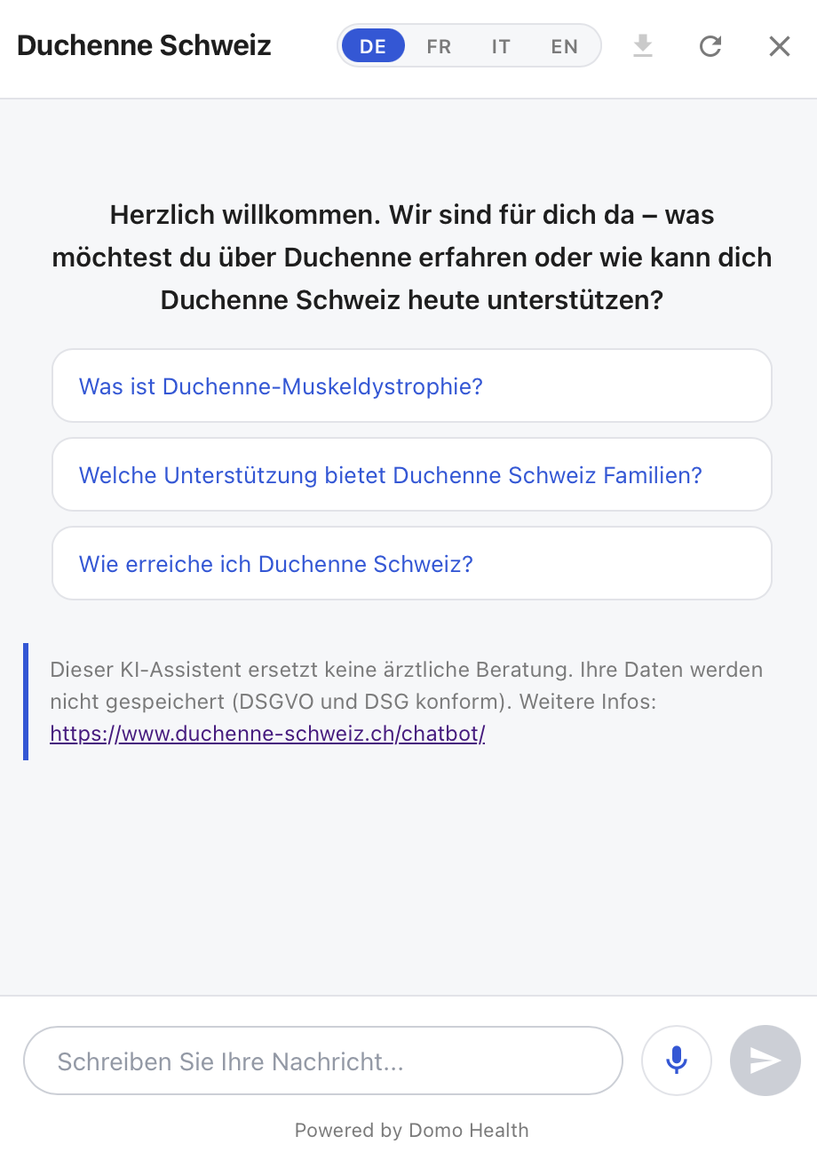 Bildschirmfoto Chatbot Duchenne Schweiz Bildschirmfoto Chatbot Duchenne Schweiz
